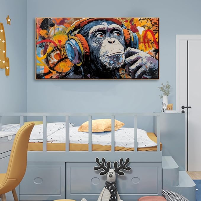 Sorbrozo Funky DJ Gorilla Street Art Print - Vibrant Graffiti Canvas Wall Art with Headphones Music Themed Decor for Boys Bedroom, Man Cave Urban Home & Office 24x48 in