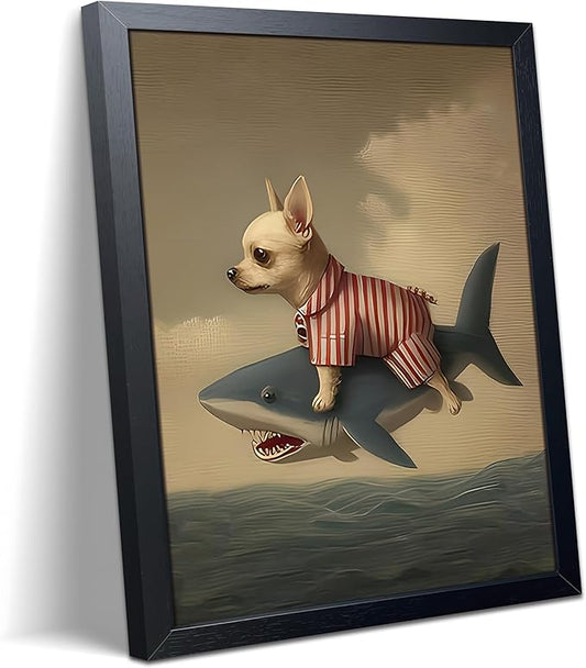 Funny Chihuahua Riding Shark Wall Art, Framed Dog Bathroom Canvas Print, Abstract Animal Wall Decor, Whimsical Humor Art Oil Painting for Bathroom Bedroom Living Room Home Decor 8x10 Inch
