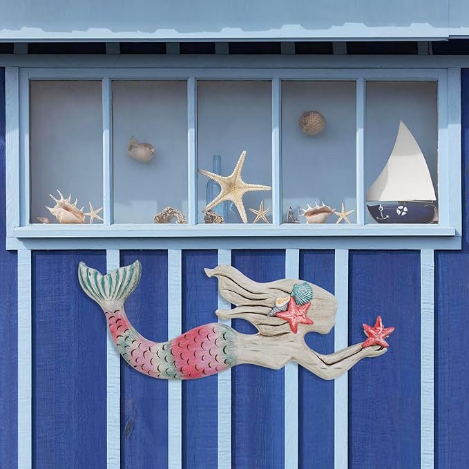 Veclotch Wood Mermaid Nautical Beach Wall Decor, Rustic Mermaid Wooden Hanging Coastal Wall Art Sculpture for Home, Lake House, Ocean Bathroom Decor, White,pink,aqua