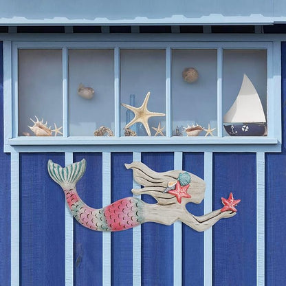 Veclotch Wood Mermaid Nautical Beach Wall Decor, Rustic Mermaid Wooden Hanging Coastal Wall Art Sculpture for Home, Lake House, Ocean Bathroom Decor, White,pink,aqua