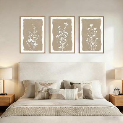 Aryroi Neutral Beige Floral Silhouette Framed Canvas Wall Art Set,Modern Boho Minimalist Botanical Wildflower Wall Decor,Vintage Natural Creamy Flower Artwork for Living Room,Farmhouse-16 x24 x3