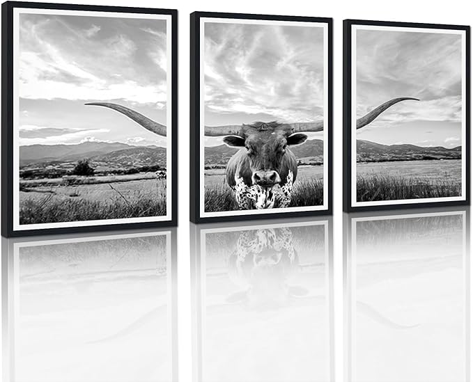3 Pieces Highland Cow Framed Canvas Wall Art Vintage Gray Farmhouse Cow Picture for Bathroom Wall Decor Animal Print Artwork for Country House Living Room Decoration Easy to Hand 16x24inchx3pcs