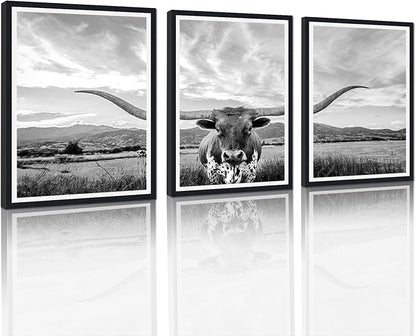3 Pieces Highland Cow Framed Canvas Wall Art Vintage Gray Farmhouse Cow Picture for Bathroom Wall Decor Animal Print Artwork for Country House Living Room Decoration Easy to Hand 16x24inchx3pcs
