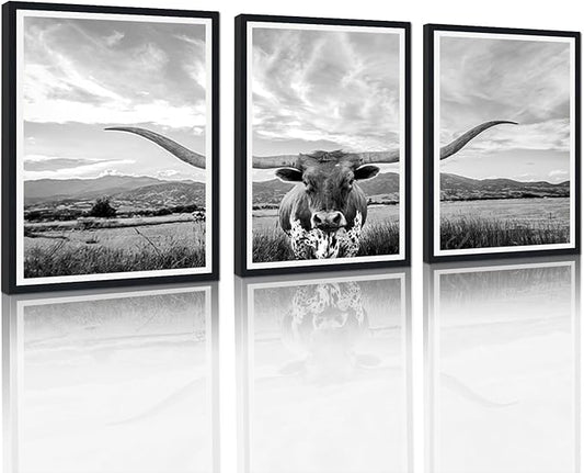 3 Pieces Highland Cow Framed Canvas Wall Art Vintage Gray Farmhouse Cow Picture for Bathroom Wall Decor Animal Print Artwork for Country House Living Room Decoration Easy to Hand 16x24inchx3pcs