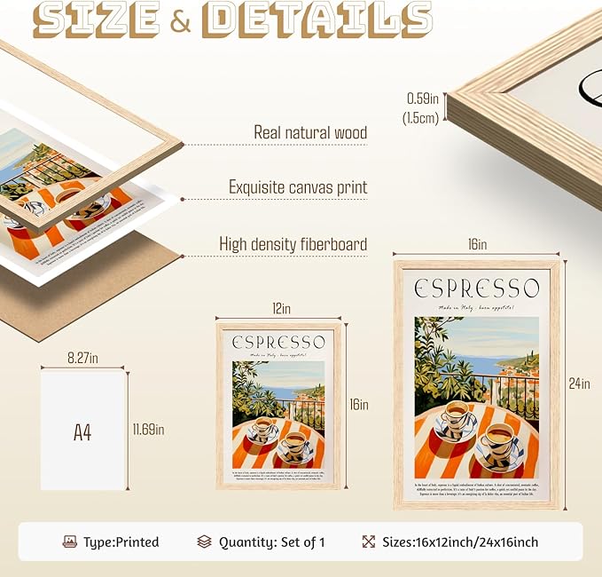 GELDSTEI Coffee Wall Art, Vintage Espresso Wrapped Canvas Print, Italian Coffee Poster Print, Cafe Bar Decoration, Retro Italian Cafe Wall Decor for Kitchen Dining Room Wood Framed 12x16 Inch