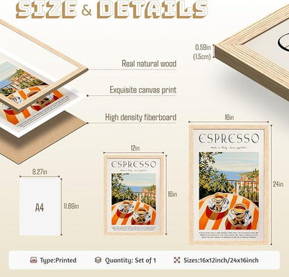 GELDSTEI Coffee Wall Art, Vintage Espresso Wrapped Canvas Print, Italian Coffee Poster Print, Cafe Bar Decoration, Retro Italian Cafe Wall Decor for Kitchen Dining Room Wood Framed 16x24 Inch