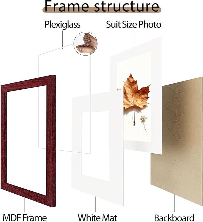 Picrit 12x12 Picture Frame Set of 12, Display 8x8 with Mat or 12 x 12 without Mat, Photo Frames for Wall Mounting Display, Dark Red Wood