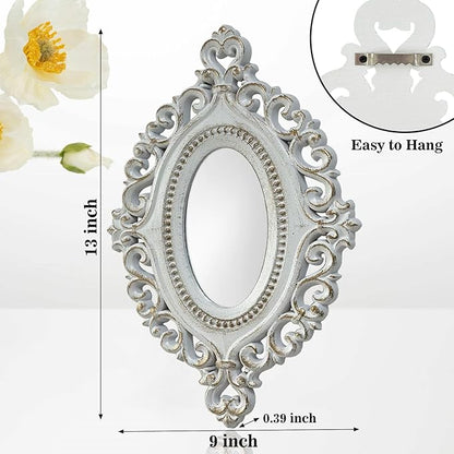 2 Set Oval Wood Carved Wall Mirror Baroque 3D Relief Rustic Home Decor Small Decorative Hanging Mirrors for Living Room, Bedroom Entrance Wall Sculpture