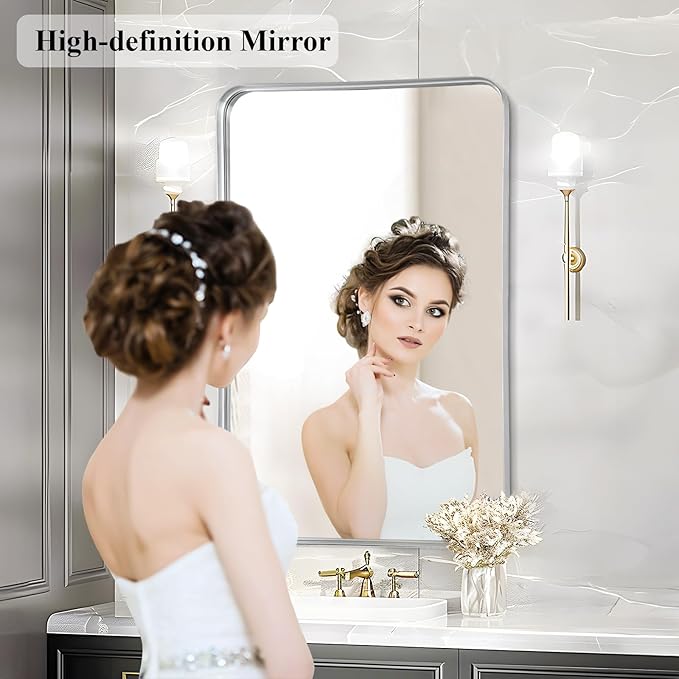 Fabuday Bathroom Wall Mirror Rectangle - 36x24 Inch Large Over Sink Framed Mirror Silver, Rectangular Brushed Mirrors Hanging for Bedroom, Restroom, Living Room, Entryway Decor