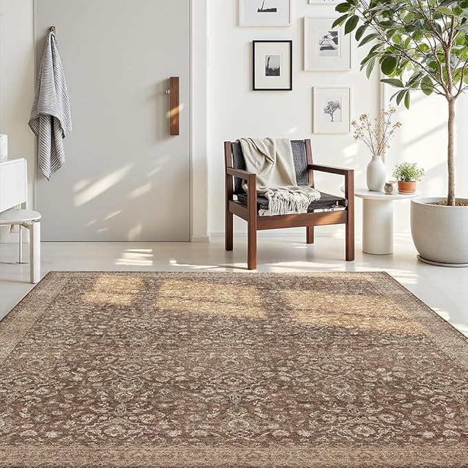 4x6 Area Rugs Reddish Brown Washable Rug for Living Room, Dining Room, Bedroom, Large Carpets, Non Slip & Non-Shedding Low Pile Vintage Print Rug for Home Office Decor
