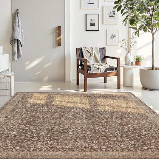 4x6 Area Rugs Reddish Brown Washable Rug for Living Room, Dining Room, Bedroom, Large Carpets, Non Slip & Non-Shedding Low Pile Vintage Print Rug for Home Office Decor