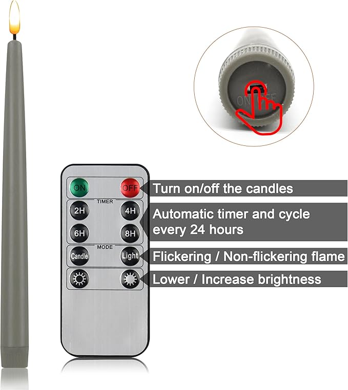 CVHOMEDECO. Flameless Taper Candles with 10-Key Remote, Battery Operated Led Flickering 3D Wick Window Candles Real Wax Finished Home Christmas Party Decor 0.78 x 11 Inch, Pack of 2, Grey