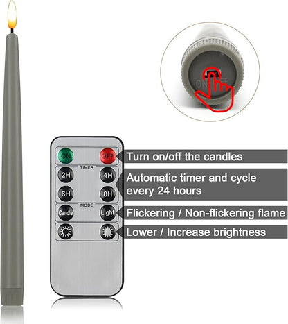 CVHOMEDECO. Flameless Taper Candles with 10-Key Remote, Battery Operated Led Flickering 3D Wick Window Candles Real Wax Finished Home Christmas Party Decor 0.78 x 11 Inch, Pack of 2, Grey