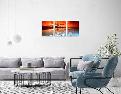 TutuBeer 3 Panels Beach Pictures Wall Decor Beach at Sunset Ocean Pictures Print on Canvas Ocean Picture Wall Decor Ocean Art for Home Decoration Stretched and Framed 16" x 24" x 3 Pieces