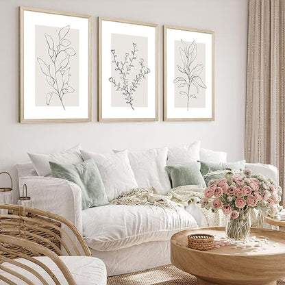 Neutral Botanical Prints Wall Art Decor Plant Minimalist Canvas Pictures Vintage Beige Wall Art Modern Farmhouse Line Poster Boho Abstract Painting Artwork for Bedroom 12x16 Inch Framed Set of 3