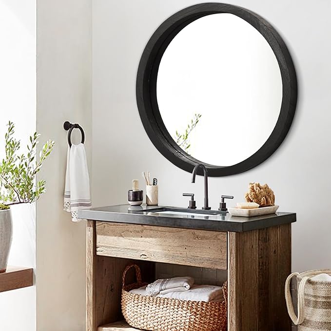 JJUUYOU Round Wall Mirror Circular Wall Mounted Mirror for Bathroom Large Black Circle Mirror for Decor Wooden Hanging Mirror for Farmhouse Living Room Bedroom 24Inch