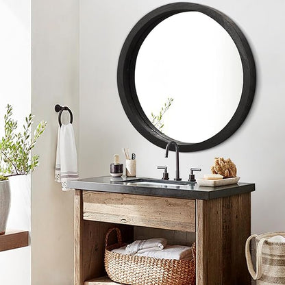 JJUUYOU Round Wall Mirror Circular Wall Mounted Mirror for Bathroom Large Black Circle Mirror for Decor Wooden Hanging Mirror for Farmhouse Living Room Bedroom 24Inch