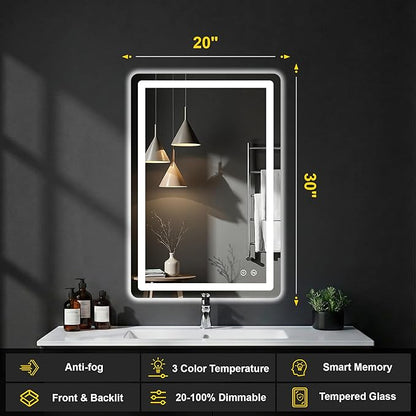 LED Bathroom Mirror with Lights - Anti-Fog, Dimmable, Backlit+Frontlit, 3 Color Light - 20"x30" Lighted Vanity Mirrors for Wall, Shatterproof Tempered Glass, Memory Function