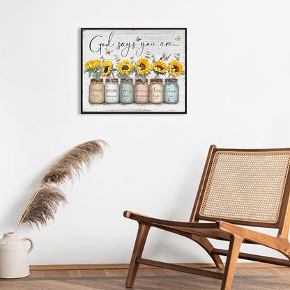 God Says You Are Wall Art: Christian Wall Art Framed Inspirational Quotes Bible Verse Wall Decor for Living Room Bedroom,Sunflower Pictures Religious Scripture Wall Art Prints Posters 12"x15"