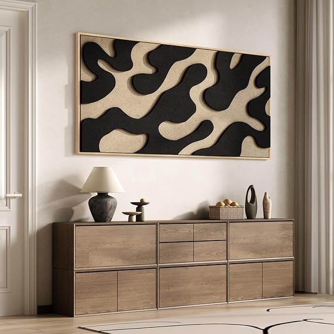 Large Framed 3D Abstract Wall Art for Living Room, Horizontal Black and Beige Textured Paintings Artwork for Walls, Neutral Modern Pictures for Bedroom Dining Room Home Office Wall Decor, 60x30 In