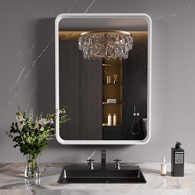 JISOSO White Bathroom Mirror 20x30 Inch, White Metal Framed Bathroom Mirror for Wall, Rounded Rectangle Matte Bathroom Vanity Mirror, Tempered Glass, Anti-Rust, Horizontal/Vertical
