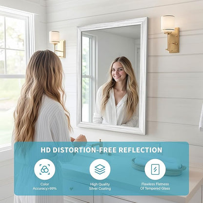 White Wood Effect Framed Wall Mirror, 24x36 Rectangle Mirror, Anti-desilvering Tempered Glass, Sustainable& Sturdy Frame, Farmhouse Mirror, Anti-Rust, 3min Fast Setup for Bathroom Living Room