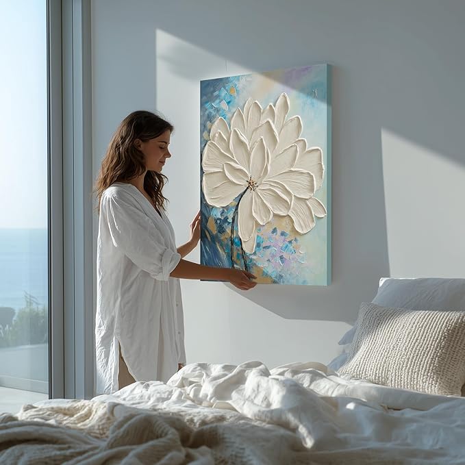 JUHOME Abstract Floral Wall Art – 24x36 Original Hand-Painted White Textured Flower Oil Painting, Modern Vertical Canvas Wall Decor Minimalist Canvas Wall Art for Living Room Bedroom Office