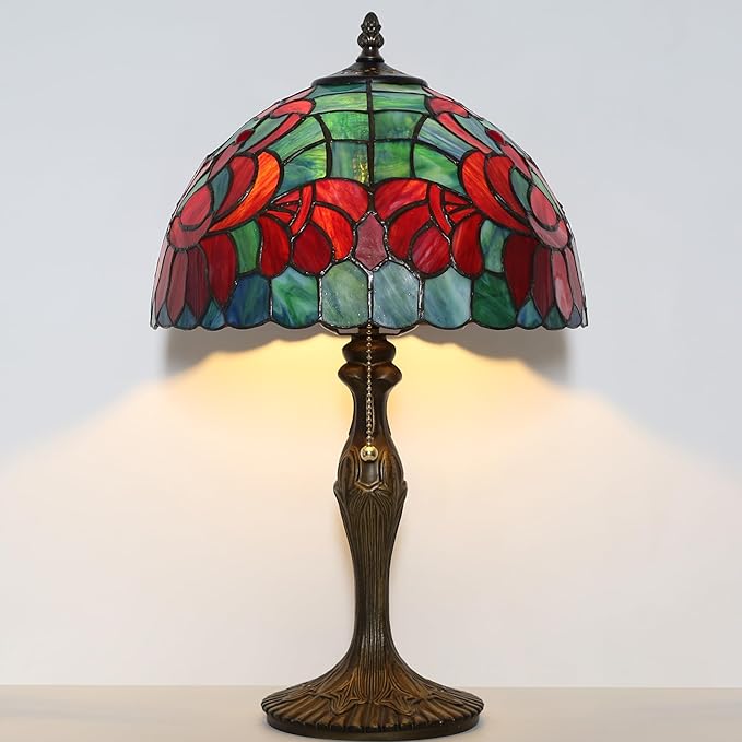Tiffany Lamp Stained Glass Table Lamp Bedside Reading Lamp 12 x 19” Lotus Style Decorative Lamp for Desk Living Room Bedroom Study Office Light Home Decor Ambient Gift