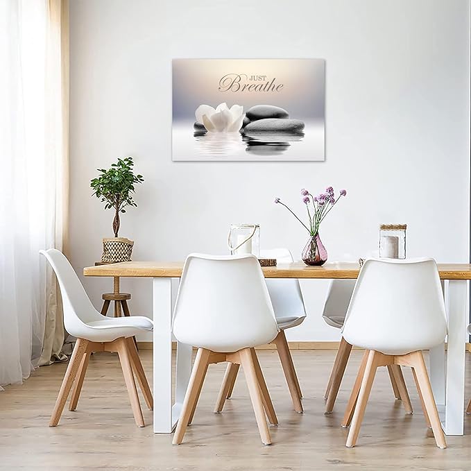 Zen Stone Canvas Wall Art Just Breathe Yoga Quotes Poster for Spa Decor White Lotus Flower Pictures Prints for Bathroom Modern Spiritual Artwork Framed (16 x 24inches)