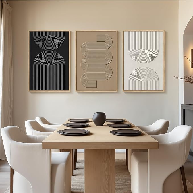 Large 3D Textured Framed Boho Modern Neutral Abstract Wall Art for Living Room, 3 Piece Black White Brown Paintings Artwork for Walls, Geometric Pictures for Office Bedroom Dining Room Decor, 24x36 In