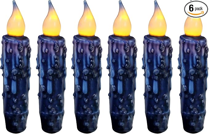 CVHOMEDECO. Real Wax Hand Dipped Battery Operated LED Timer Taper Candles Rustic Primitive Flameless Lights Decor, 4-3/4 Inch, Navy Blue, 6 PCS in a Package