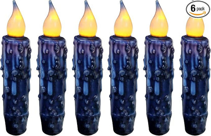 CVHOMEDECO. Real Wax Hand Dipped Battery Operated LED Timer Taper Candles Rustic Primitive Flameless Lights Decor, 4-3/4 Inch, Navy Blue, 6 PCS in a Package