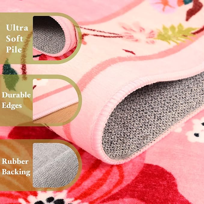 Macgace Pink Floral Rug for Girls Bedroom, 4x6 Machine Washable Area Rugs with Non Slip Backingfor Living Room, Cute Flowers Carpet Kitchen Dining Room Kids Playroom Decor