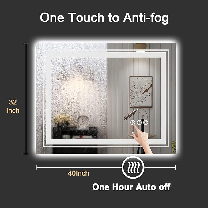 Snowdool LED Bathroom Mirror, 40"x32" with Front and Backlit, Anti-Fog, Bathroom Vanity Mirror for Wall, Memory Function, Stepless Dimmable, Tempered Glass (Horizontal/Vertical)