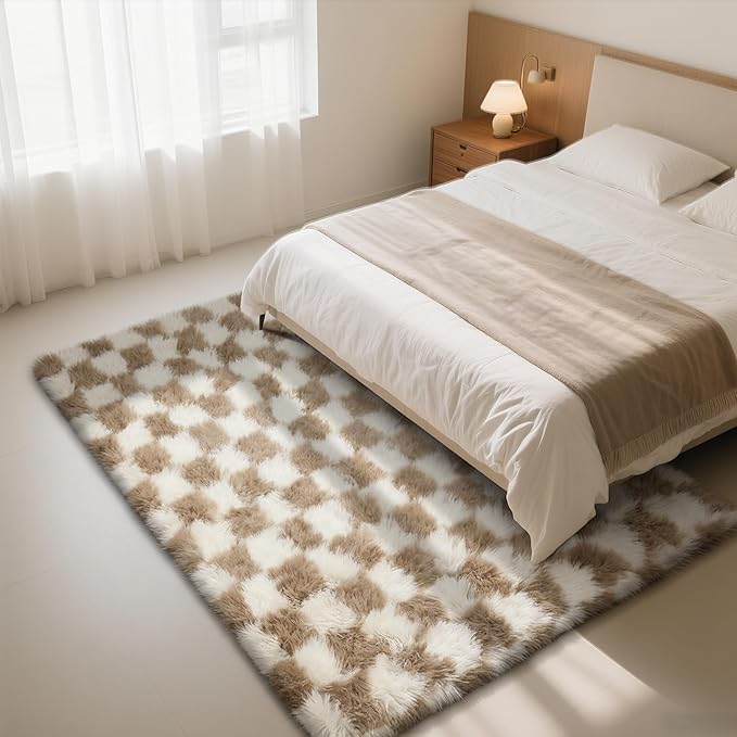 Checkered Rug for Living Room, 8x10 Beige and White Area Rugs, Classic Checkered Carpets Shag Area Rug, Bedside Rugs for Living Room Bedroom Kids Room Home Decor