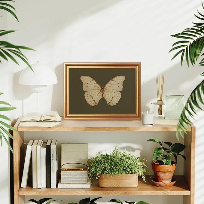 JLTULT Gold Frame White Butterfly Wall Art Print on Dark Green Background, Vintage Framed Wall Decor for Living Room, Bedroom, Office 12x16 Inch Fade-Resistant Print Easy to Hang