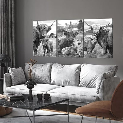 Rustic Cow Family Canvas Wall Art 3 Piece Black and White Highland Cow Picture for Bathroom Wall Decor Cute Animal Print Artwork for Country House Gallery Bedroom Decoration 20x28inchx3pcs