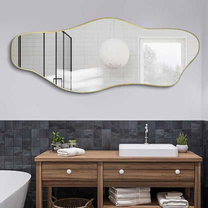 Irregular Wall Mirror, 60"x24" Large Asymmetrical Tempered Glass Mirror, Gold Modern Organic Frameless Mirrors for Living Room Bedroom Hallway Entryway, Horizontal or Vertical Hanging