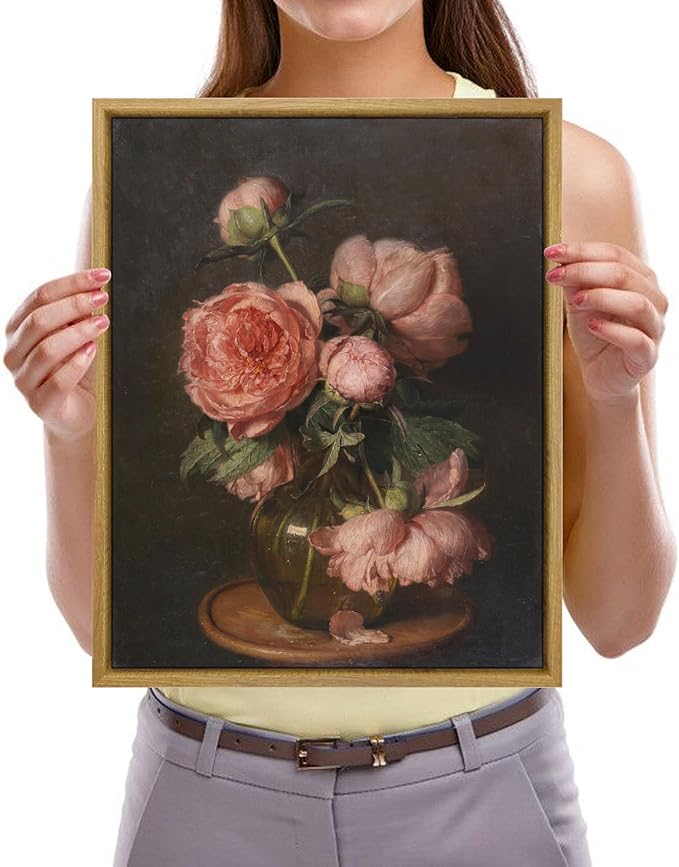 Pyradecor Vintage Home Decor Framed Canvas Wall Art Pfingstrosen Classical Floral Painting Artwork for Living Room Bedroom Farmhouse Decorations