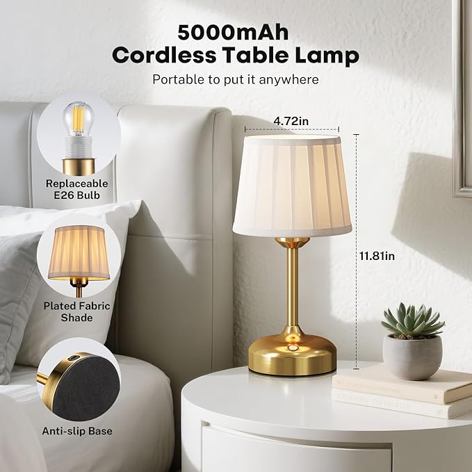 Cordless Table Lamp, Rechargeable Small Desk Lamp Faric Shade 5000mAh Beattery Powered Lamp Touch Stepless Dimmable Bedside Table Lamp for Bedroom, Living Room, Dining Room, Camping Gold