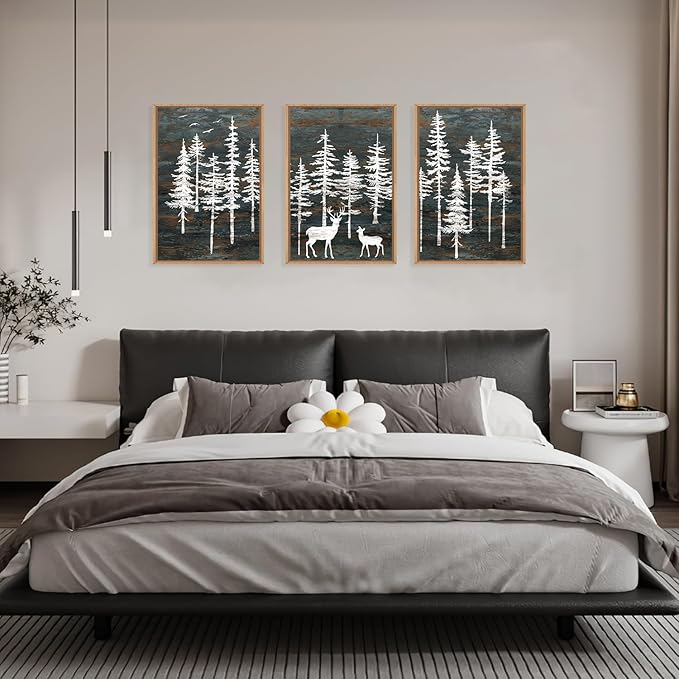 Modern White Forest Framed Canvas Wall Art Set, Minimalist Woodland Art Painting, Retro Tree Landscape Wall Decor, Wildland Deer Artwork for Living Room, Dining Room, Office-24 x36 x3