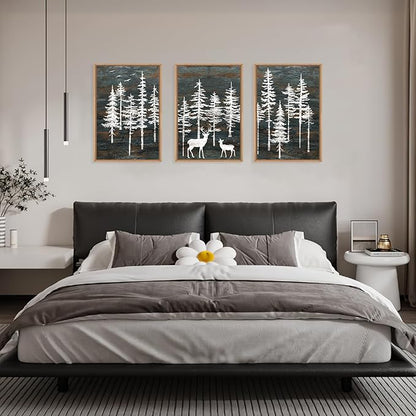 Modern White Forest Framed Canvas Wall Art Set, Minimalist Woodland Art Painting, Retro Tree Landscape Wall Decor, Wildland Deer Artwork for Living Room, Dining Room, Office-24 x36 x3