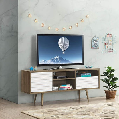 Tangkula Mid-Century Modern TV Stand for TVs up to 70" - Wooden Console Table with Storage Shelves, Cabinet and Drawer, Living Room Entertainment Center (Walnut & White)
