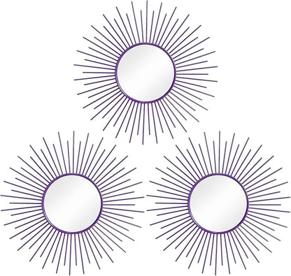 3 Pack Metal Mirrors for Wall Sunburst Wall Mirrors Home Décor Decorative Hanging Wall Art for Living Room Bedroom Entryway (Purple, Sunburst)