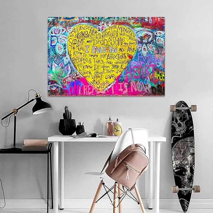 Large Size Banksy Street Decor Poster Canvas Graffiti Wall Art I Loved You Yellow Love Heart Wall Art Canvas Prints and Painting Home Wall Decor Office Framed Graffiti Art Easy to Hang -44" WX28 H