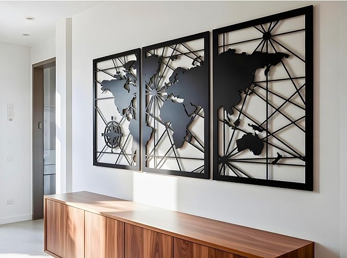 VAILLA World Map Wood Wall Art Decor Large Hanging Sculpture Modern Home Decoration Large Set of 3 Panels Map Wallart Botanical Wall Hangings Wooden Wall Arr 3D Textured Sculptures for Living Room Bedroom Office Dinnig Room