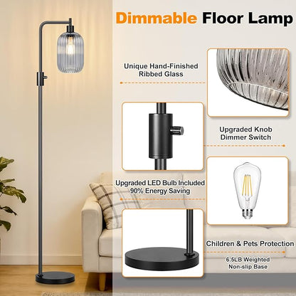 【Upgraded】 Dimmable Glass Floor Lamp for Living Room, Modern Black Standing Lamp with Green Ribbed Gray Lampshade & Knob Dimmer, Arc Tall Lamp for Bedroom Office Reading Room, 2700K Led Bulb Included