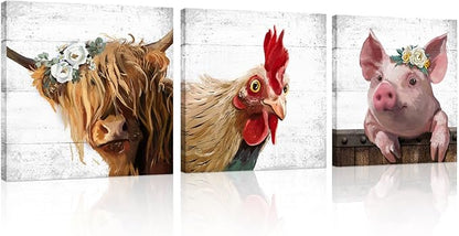 Farm Animal Farmhouse Wall Art: Highland Cow Rooster Pig Head Picture for Kitchen, 3 Piece Rustic Farmhouse Decor Vintage Canvas Print Living Room Home Decoration