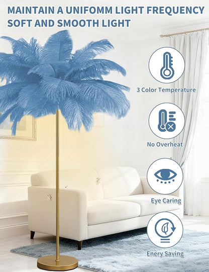 Feather Floor Lamp,Fluffy Ostrich Feather Floor Lamp for Bedroom,3 Color Temperatures Led Corner Modern Floor Lamps for Living Room Christmas Home Decor House Warming Gifts,63″ Height (Light Blue)