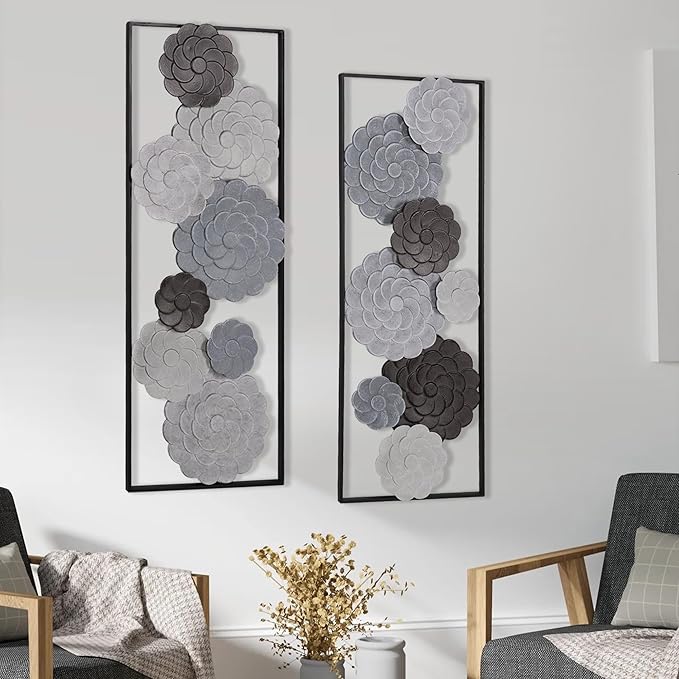 Oakrain 2 PCS Metal Wall Art - 35.4" X 13.4" Large Metal Flower Wall Decor with Frame, Modern Home Wall Decoration Sculpture for Living Room, Office, Bedroom, Study
